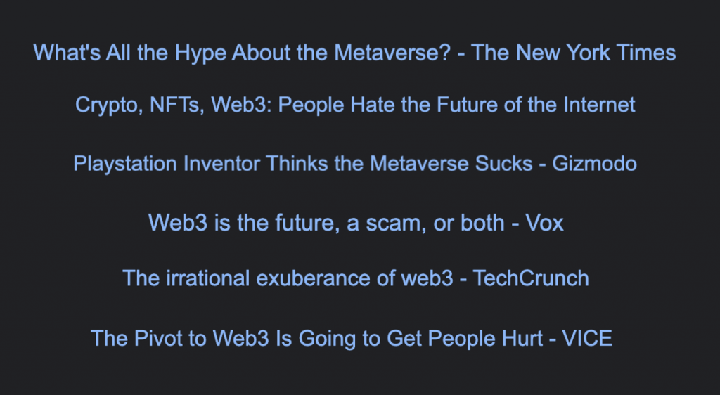 A collection of headlines doubting the potential of Web3.0