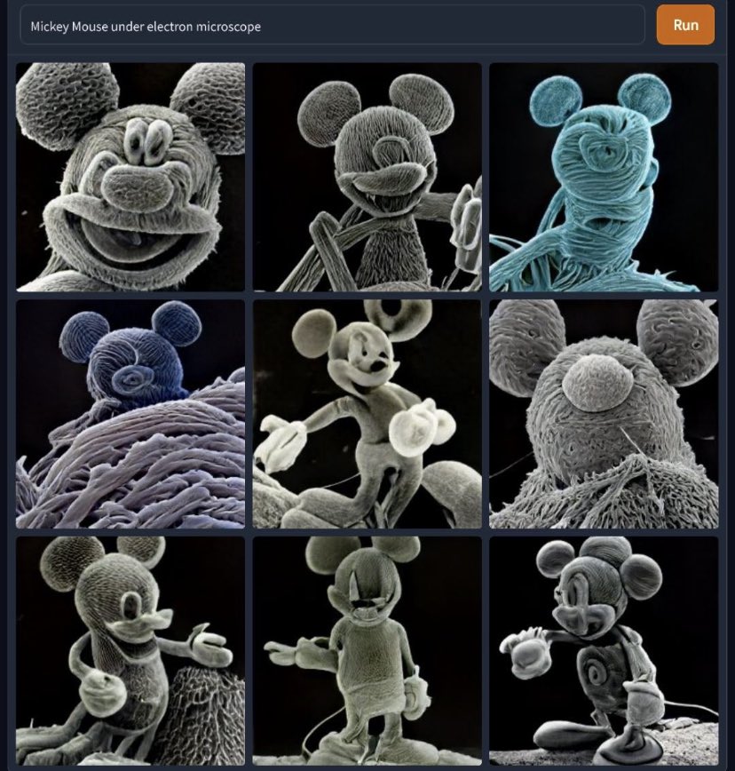 Nine photos of Mickey Mouse made out of grey bubble-like structures