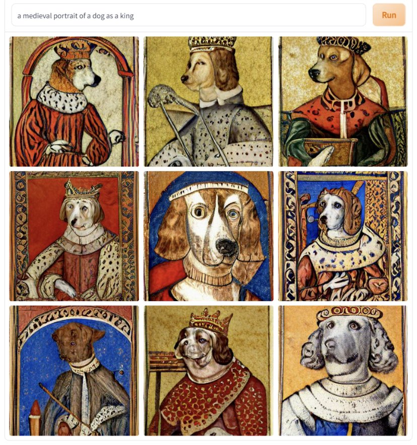 Nine medieval style paintings of dogs as kings