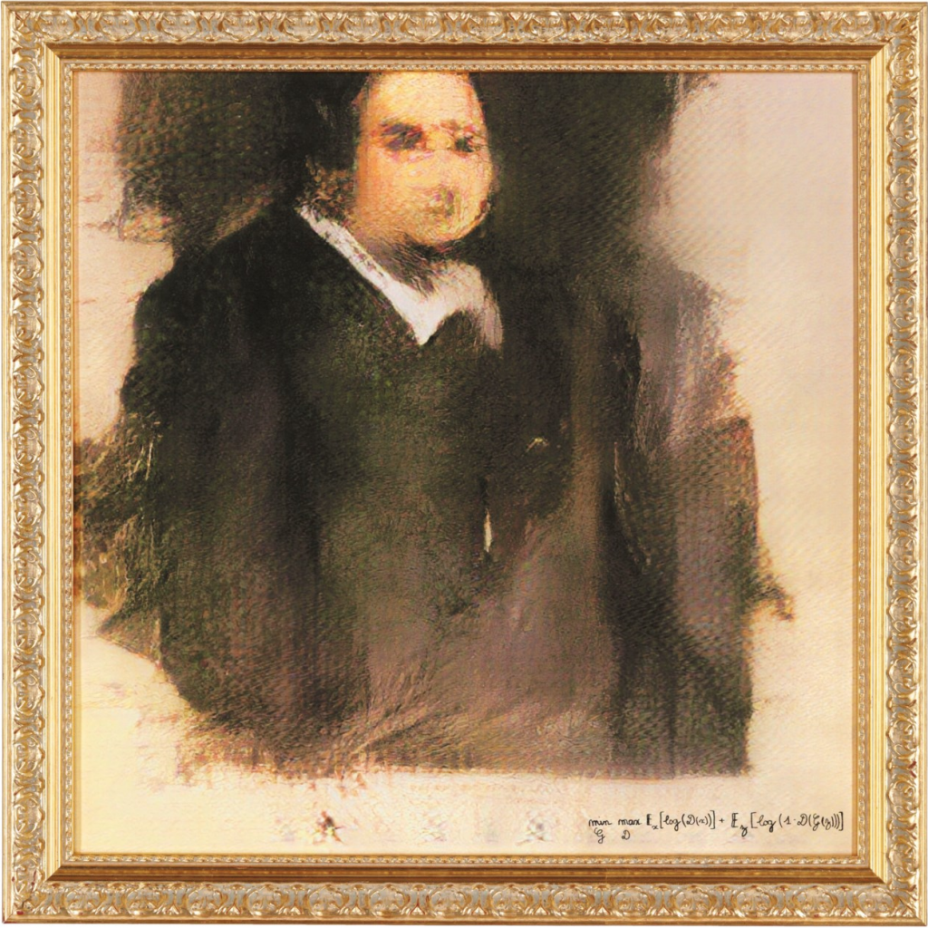 A blurry portrait of a nobleman on raw canvas with a gilded frame