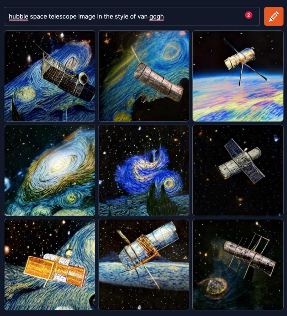 Nine images of outer space and spaceships with blue and yellow brushwork