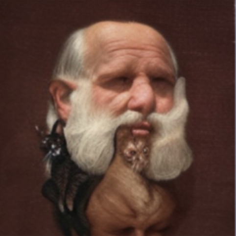 A digital painting of an old man with two cats growing out of his beard
