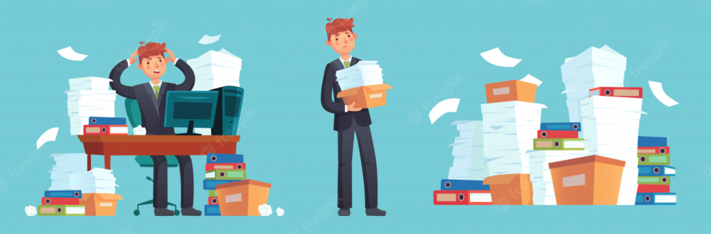 Three pictures of a man frustrated with paperwork