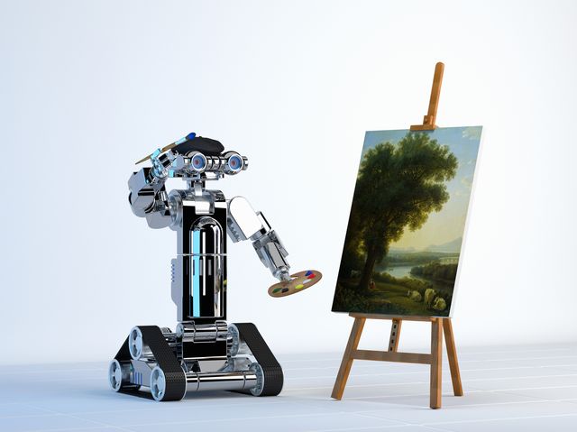 A small robot with his painting of a tree on an easel