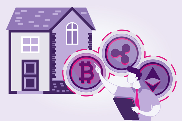 A purple house with someone holding cryptocurrency coins outside.