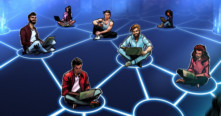 People sitting in a digital web