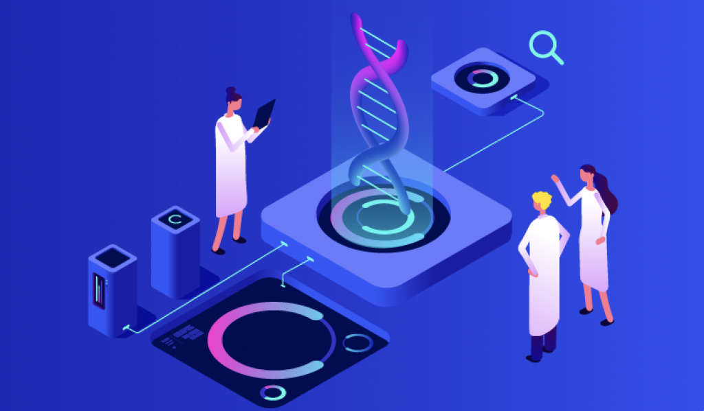 A graphic showing scientists using advanced technology in genomics.